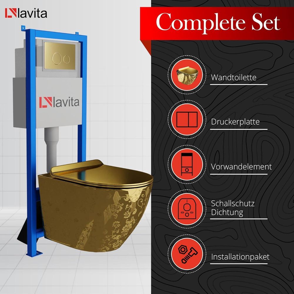 Lavita LAV 101 Vorwandelement für WC 40cm + Wand Hänge Tiefspül WC SOFI SLIM CHECKED GOLD Spülrandlos + Bedienplatte LAV 200.3.1 Weiß | Komplettset | Unterputz Spülkasten | Toilette Komplett Sett