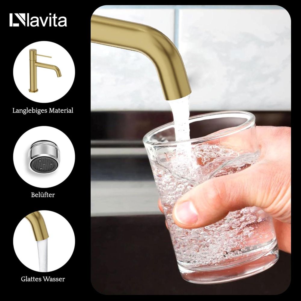 LAVITA Waschtischarmatur  - Orion Brushed Gold | Wasserhahn  | Mischbatterie für Waschbecken | Waschtisch-Armaturen Badezimmer | Einhand-Waschtischbatterie
