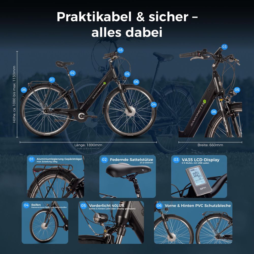 SAXONETTE Comfort Plus 4.0 Elektro , ebike,396 Wh Intube-Akku große Reichweite für den Alltag,E-Bike, Elektrofahrrad (Ramenhöhe 45, schwarz matt)