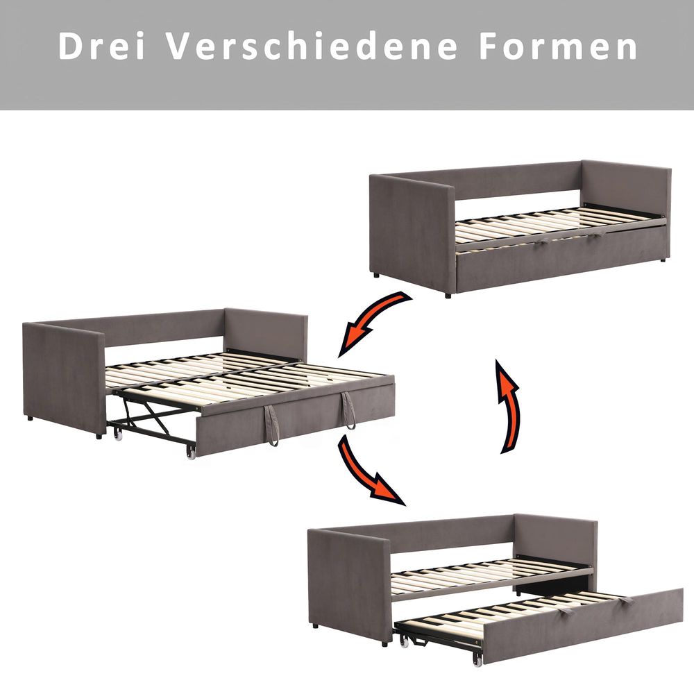INONEFT Schlafsofa 90/180 x 200 cm, Tagesbett Ausziehbar Sofabett mit Lattenrosten, Polsterbett für Erwachsene, Samtstoff, ohne Matratze, Grau