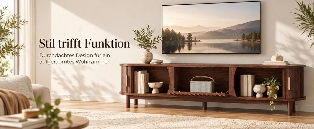 okwish TV-Schrank mit Schiebetür und nach unten klappbarer Hohlschranktür,Lowboard mit Stützbeinen,Fernsehschrank passend für TV-Ständer bis zu 65 Zoll,braune