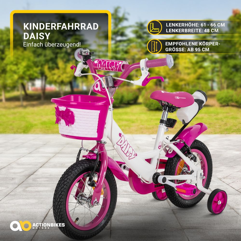 Actionbikes Kinderfahrrad Daisy 12 Zoll | Kinder Fahrrad - V-Brake Bremsen - Kettenschutz - Fahrradständer - Stützräder - Mädchenfahrrad - 2-5 Jahre