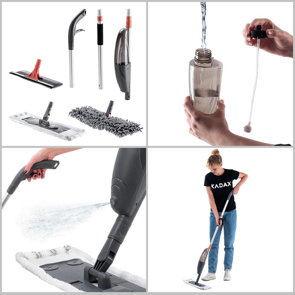 KADAX Flachmopp, Bodenwischer mit Wasserbehälter, Wischer mit Sprühfunktion für schnelle Reinigung, Wischmopp für Bodenreinigung, Reinigungsgerät (Grau/Orange)