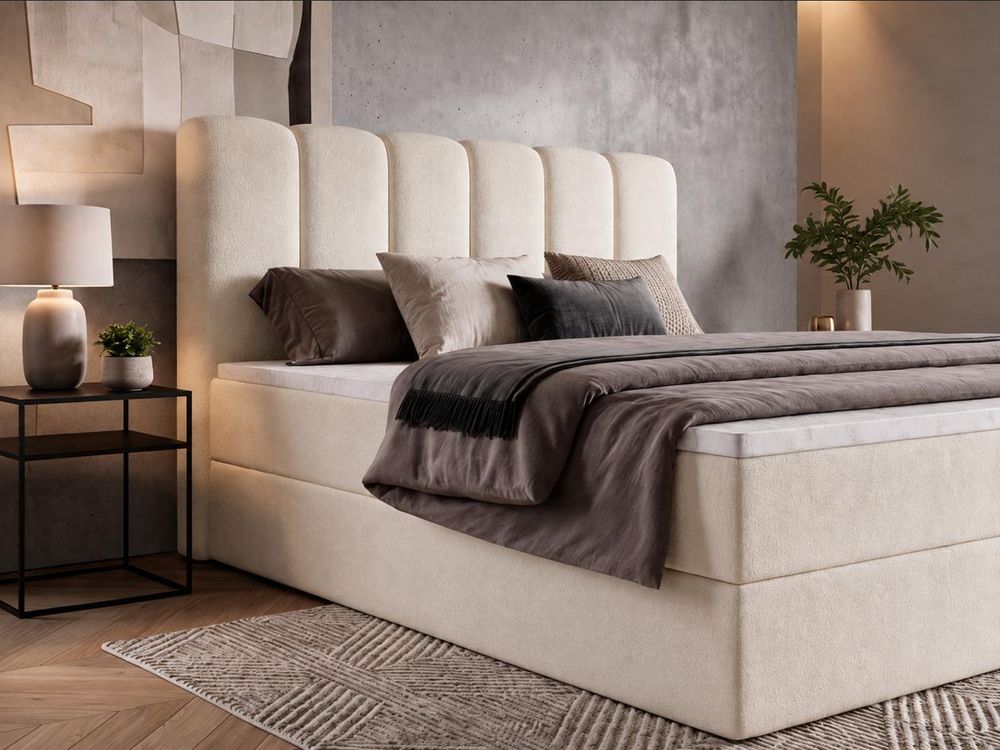 Boxspringbett 200x200 mit Bettkasten NOLARO, Komplett-Set mit Bonell-Matratze und Topper, Bouclé Creme