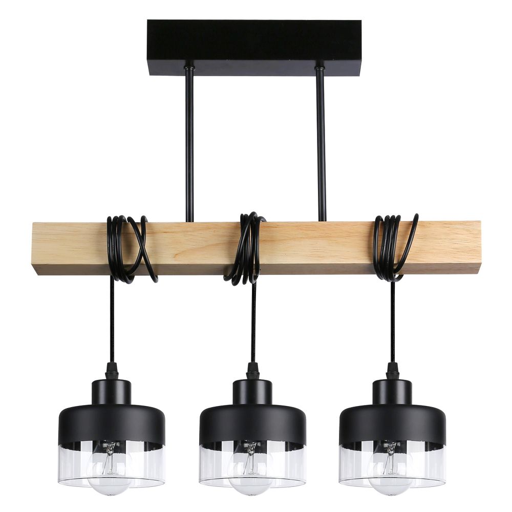 MasterLED Pendelleuchte – 3-flammig 50 cm – Schwarz & Holz – E27 – pendelleuchte esstisch – hängelampe holz – ELZA