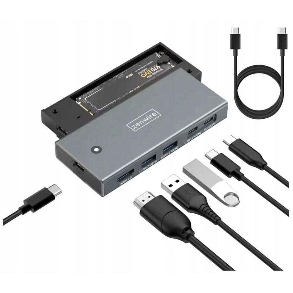 Pouzdro HUB - Slot pro SSD - M2 NVME Pcie SATA NGFF USB-C 3.2 HDMI 2.0 - Adaptér M.2 10 GBps - Power Delivery - 100 W
