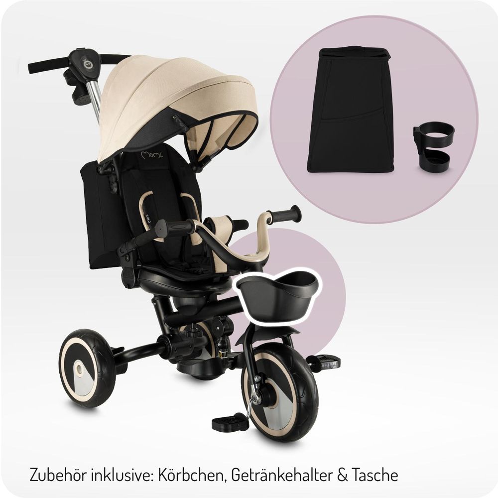 MoMi IVI Kinderdreirad 3-in-1 Beige – 360° drehbarer Sitz, 3-Punkt-Gurt, höhenverstellbare Schiebestange, Sonnendach, PolyurethanRäder, Frontkorb – ab 9 Monaten