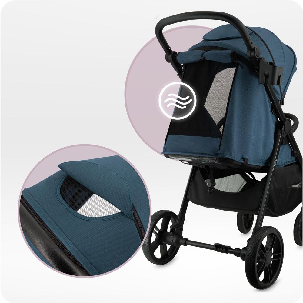 MoMi CLARA – Buggy ab Geburt, bis 22 kg, mit 4-Rad-Federung, Drehbügel & verstellbarem Schiebegriff, inkl. Tasche & Regenschutz – Blau