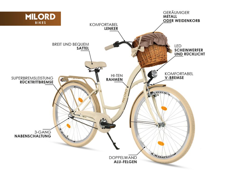 Milord Komfort Fahrrad Mit Korb Damenfahrrad, 28 Zoll, Creme-Braun, 3 Gang Shimano