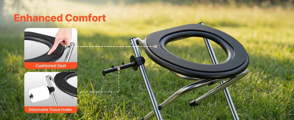 VEVOR Tragbare Toilette für Camping, 159 kg Tragfähigkeit, Edelstahl Klapp-Camping-Toilette mit weichem Sitz für Erwachsene, geeignet für Lkw-Fahrer, Wohnmobilreisen, Camping, Roadtrips, Außennutzung