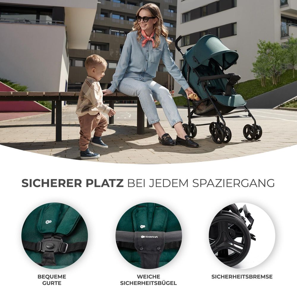 Kinderkraft TIK - Spazierbuggy Regenschirm - ultraleicht (6,5 kg) - zusammenklappbar - Liegeposition - nicht durchstoßbare Reifen - Grün
