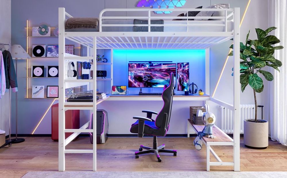 Merax Etagenbett Hochbett 140x200 cm, mit Schreibtisch, Lochbrett, Ablagen, Eisenbett mit LED-Leiste, USB & Type-C, Kinderbett, Stockbett, Weiß