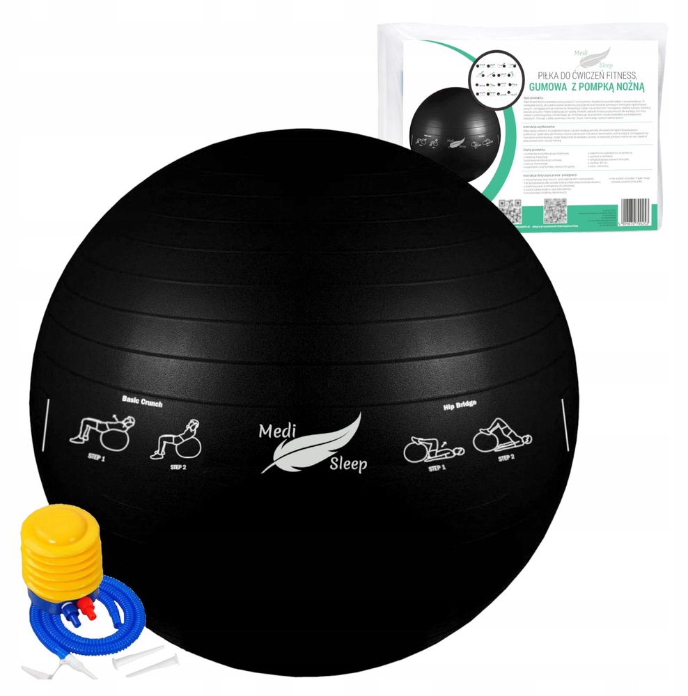 Černý cvičební míč 65 cm s míčovou pumpou, fitness míč s vykreslenými cviky