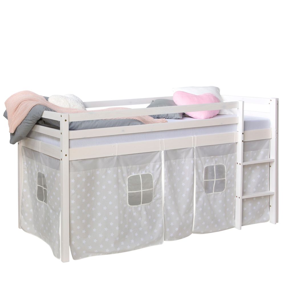 Homestyle4u Kinder Hochbett 90x200 weiss mit Sternen Vorhang