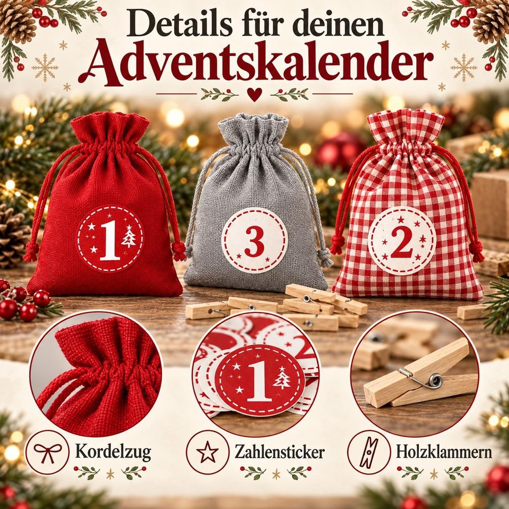 Detailansichten von Säckchen, Kordelzug, Zahlensticker und Holzklammer
