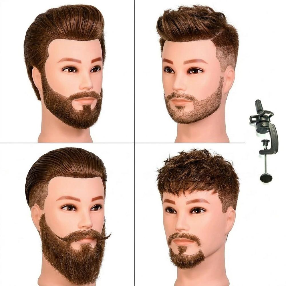 Friseurkopf Herren James Brown - 40cm Echthaar Trainingskopf mit Bart & Halterung