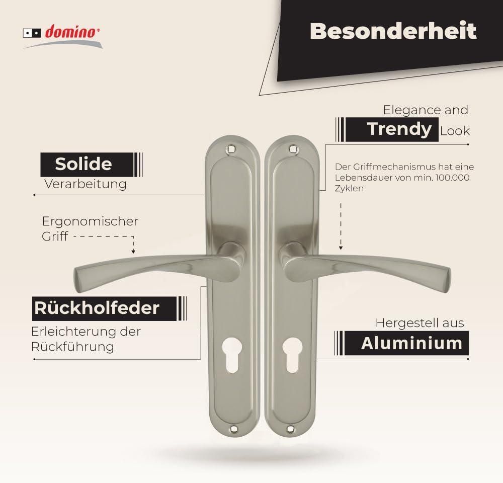 DOMINO Türgriff 72 Drückergarnitur PZ - Profilzylinder Set | Türklinke für Zimmertür, Bürotür, Kellertür & Innentür | L-Form | Türbeschläge aus Aluminiuml | Nickel Türdrückergarnitur | ROMANA M9