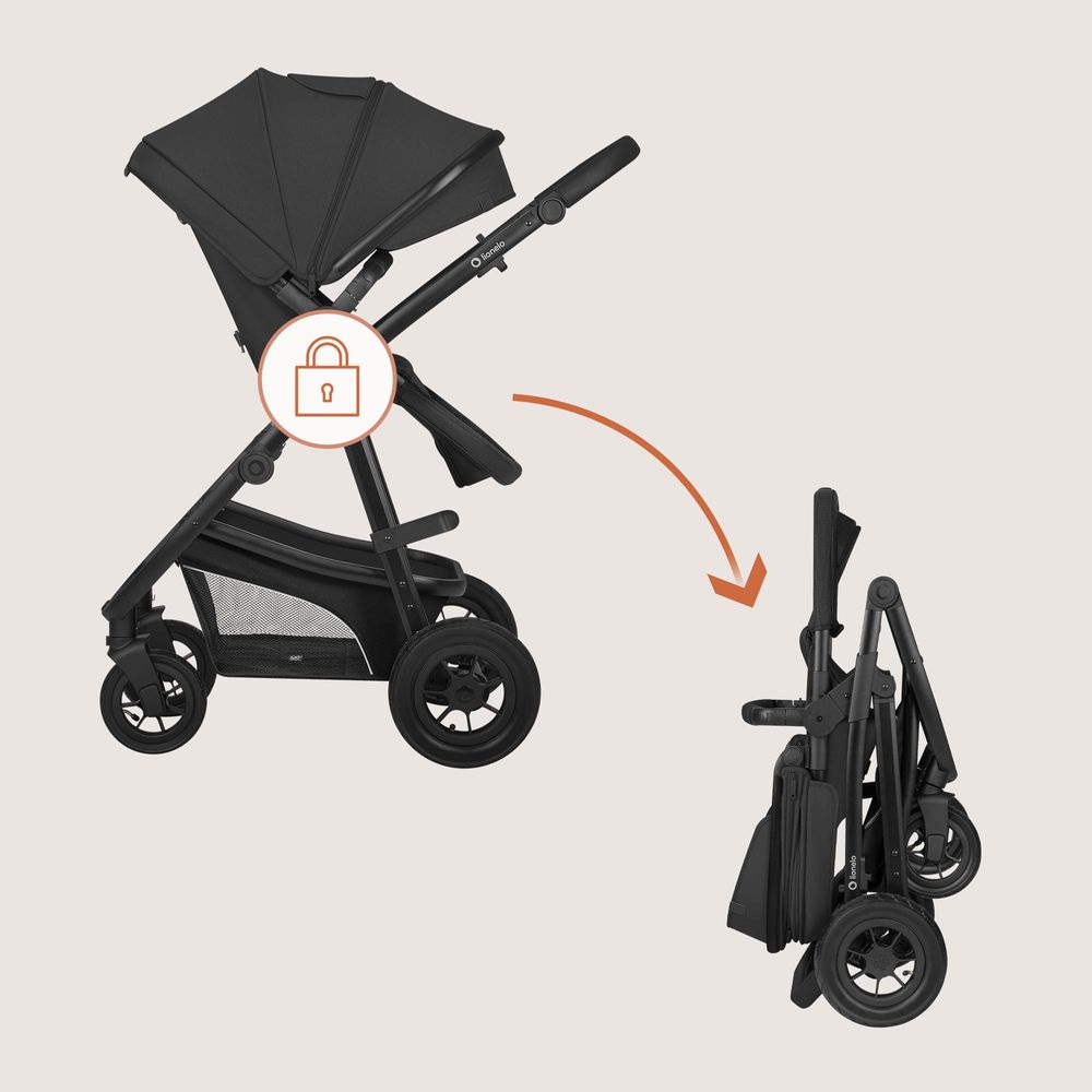 Lionelo Bianka 3in1 Kinderwagen, Autotransporter, Autositz, klappbar, Travel System Rückenlehne verstellbar 360o Räder Polsterung, Verdeck XXL-Schwarz