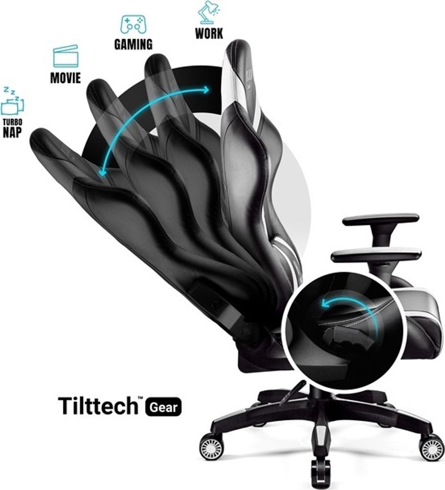 Diablo X-Horn Gaming Stuhl Bürostuhl Schreibtischstuhl 3D Armlehnen Ergonomisches Design Nacken/- Lendenkissen Kunstleder Wippfunktion, Farbe: Schwarz-Weiß, Größe King