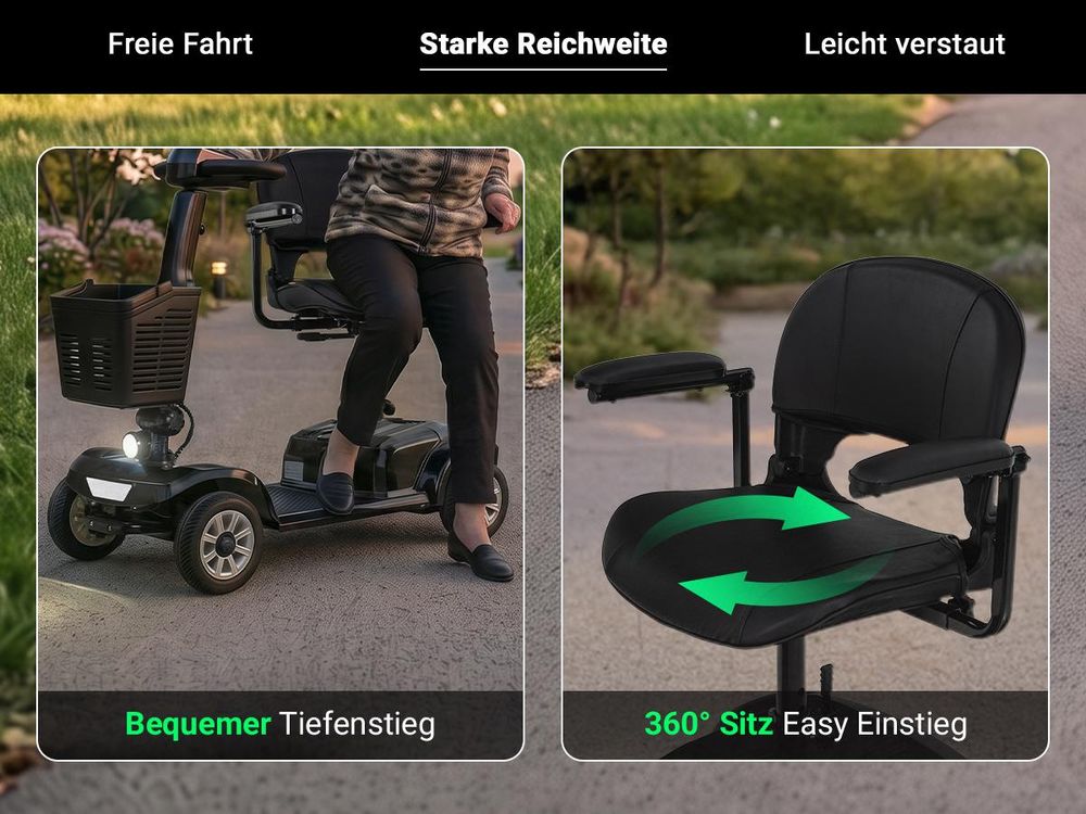 eFlux Mobility M1 Elektromobil | Elektro Senioren Roller - E-Scooter - Tiefeneinstieg - Schwenksitz - Einhand Steuerung - Klappbar - 20 km (Schwarz)