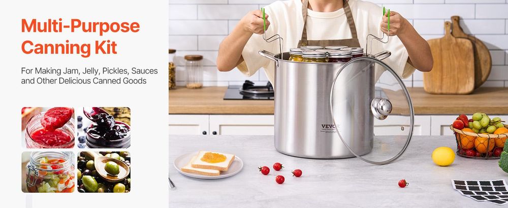 VEVOR Einmachbedarf Starter-Kit, 9-teiliges Edelstahl-Wasserbad-Einmachset für Anfänger, Einmachwerkzeug-Set: Topf, Gestell, Deckel, Trichter, Zange, Glasheber, Schraubenschlüssel, Magnetstab, Blasenheber, 2 Pcs+Pok