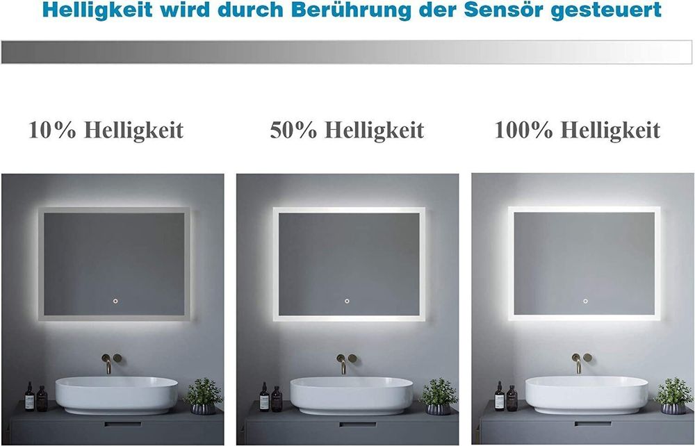 AQUALAVOS Badspiegel mit Beleuchtung Badezimmerspiegel LED Bad Spiegel mit Licht Wandspiegel Lichtspiegel, 100x70cm, Dimmbar, Kaltweiß 6400K, Touch Schalter, Spiegelheizung