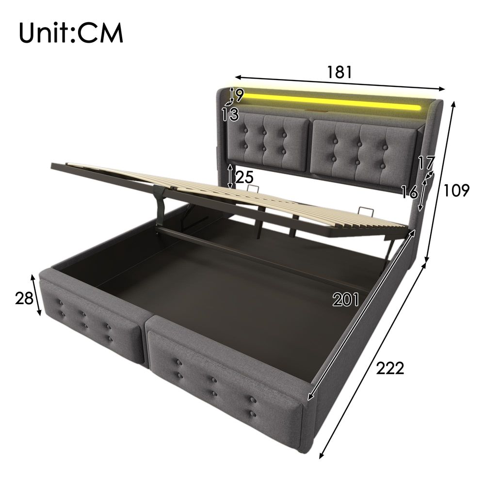 Flieks Polsterbett 180x200cm mit Ladefunktion, Doppelbett Jugendbett mit LED, Hydraulisches Stauraumbett Boxspringbett mit Lattenrost, Baumwolle, Grau