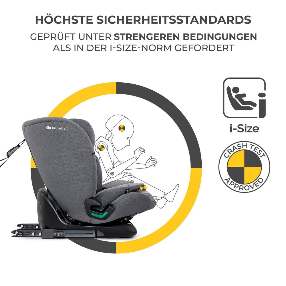 Kinderkraft ONETO3 i-Size Kindersitz 76-150 cm - ISOFIX & TOP TETHER - 3-lagige Kopfstütze - RECLINING-Funktion - ab 15 Monate bis 12 Jahre - Grau