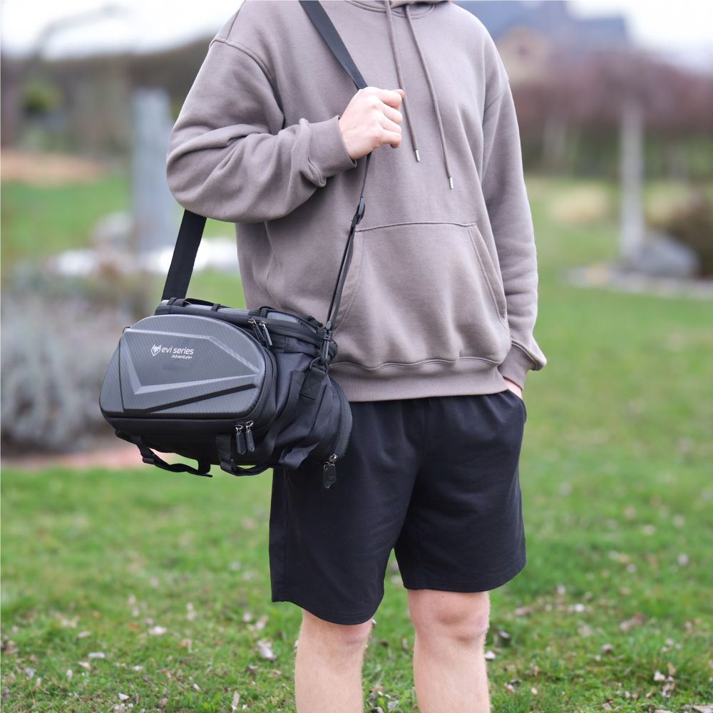 Wodoodporna torba rowerowa na bagażnik 35 l, torba bagażowa EVA Hardtop z osłoną przeciwdeszczową i paskiem na ramię, odblaskowa, EVI BIKE Adventure+ czarna