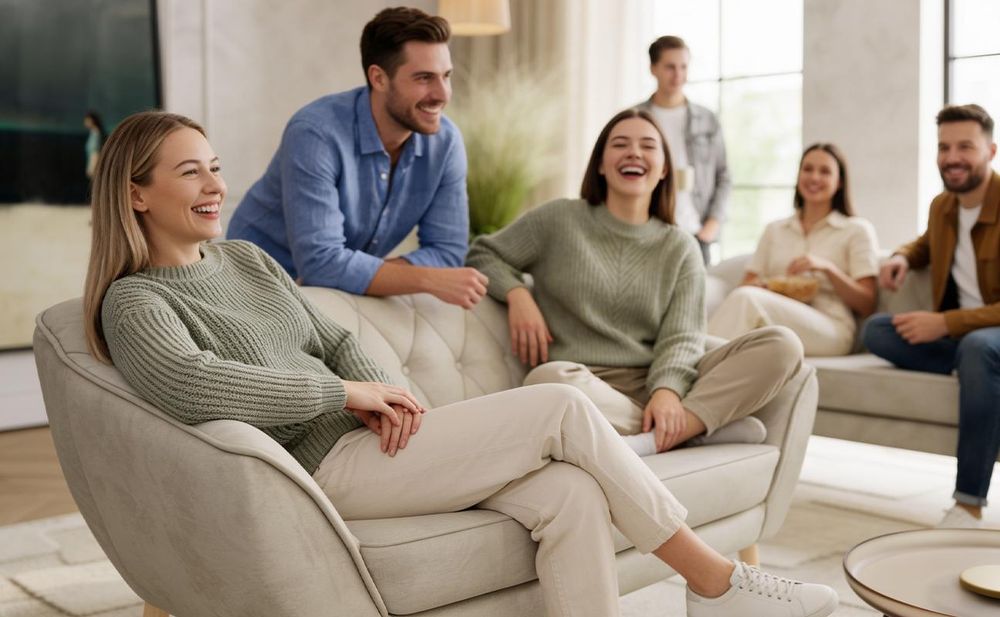 Freunde lachen gemeinsam auf beiger Sofagarnitur.