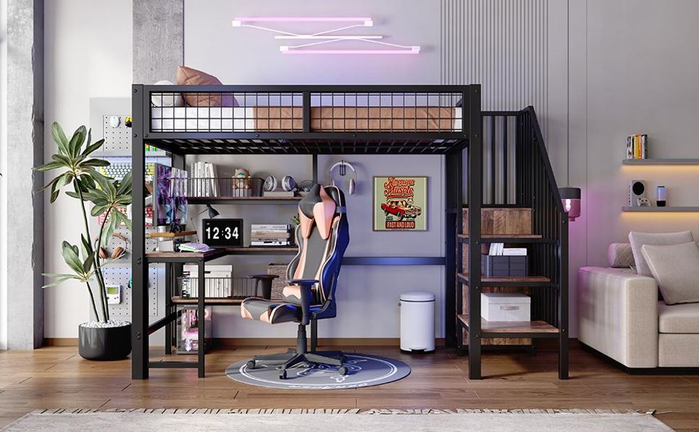 Merax Etagenbett Kinderbett 90x200 cm, Metall Hochbett Stockbett mit Schreibtisch, Regal, Offen Kleiderschrank, Jugendbett, Schwarz
