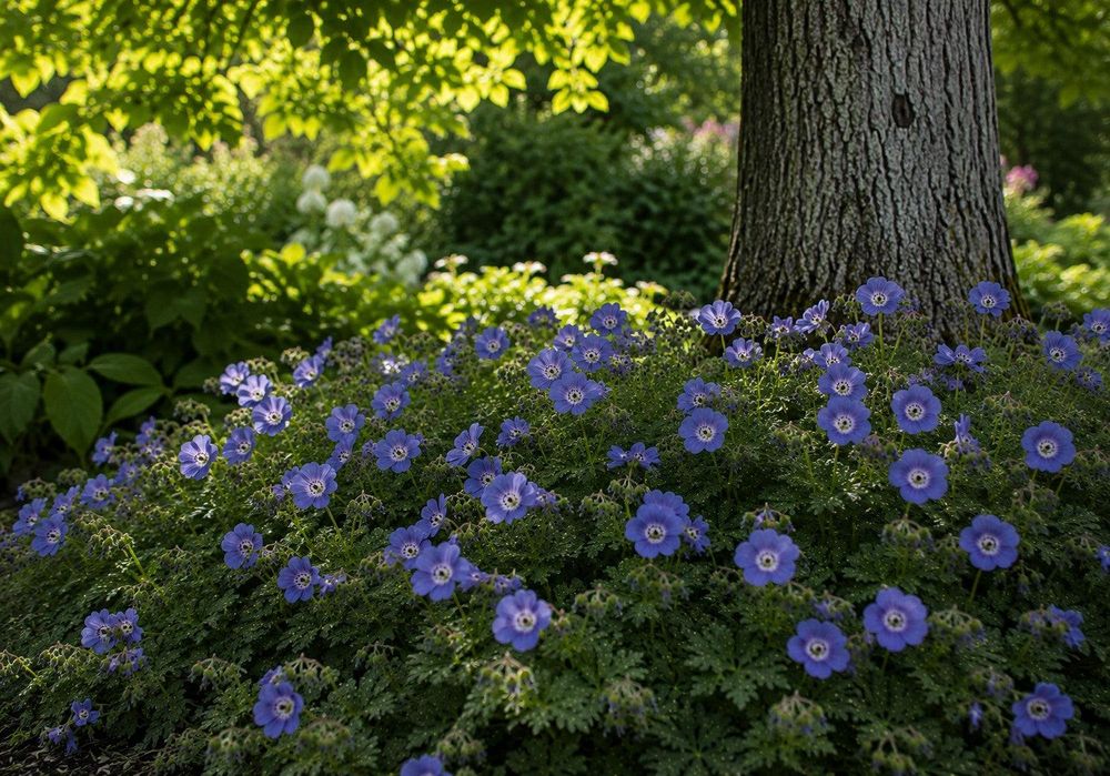 Blühende Rozanne® im lichten Schatten eines Baums.