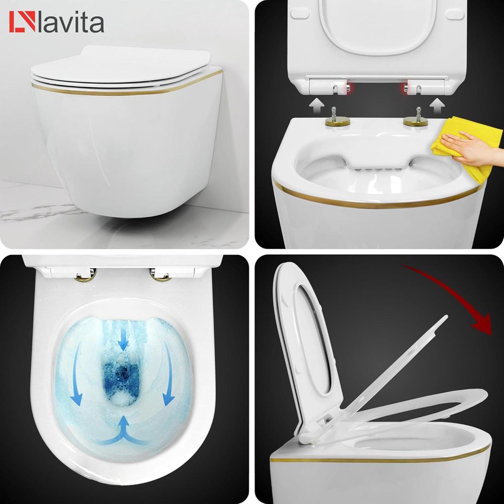 Lavita LAV 101 Vorwandelement für WC 40cm + Wand Hänge Tiefspül WC SOFI SLIM GOLD LINE Spülrandlos + Bedienplatte LAV 200.3.5 Gold | Komplettset | Unterputz Spülkasten | Toilette Komplett Sett