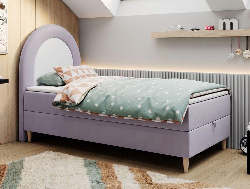 Gestepptes Kopfteil eines lila Bettes. Eine Topper-Matratze liegt auf dem Bett
