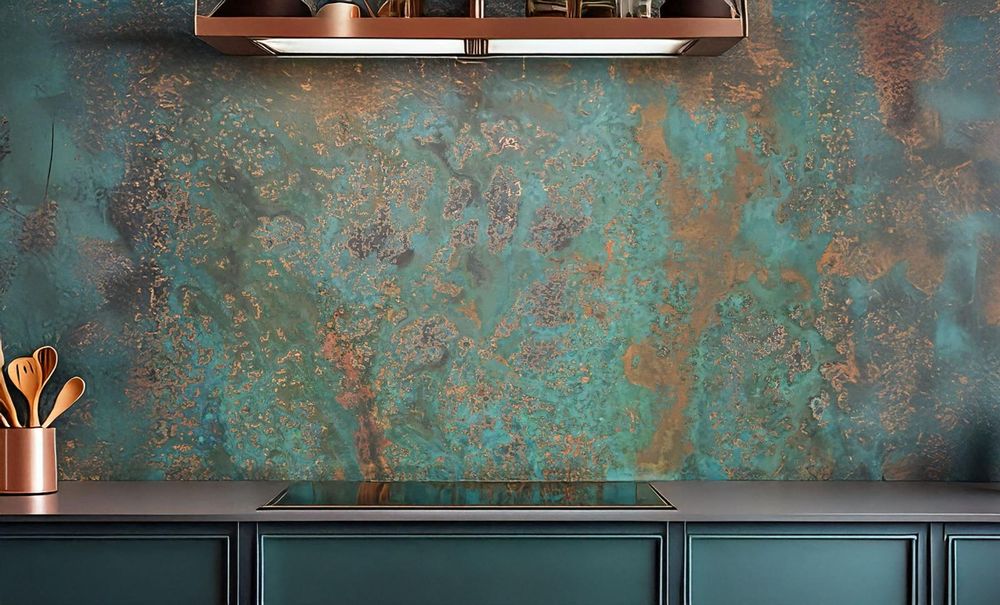 CopperAndCraft Kupfer Wandpaneel Patina Türkis 100x70 cm, Handgefertigte Metallkunst für Küchenrückwand, Badezimmer und Moderne Wohnräume,