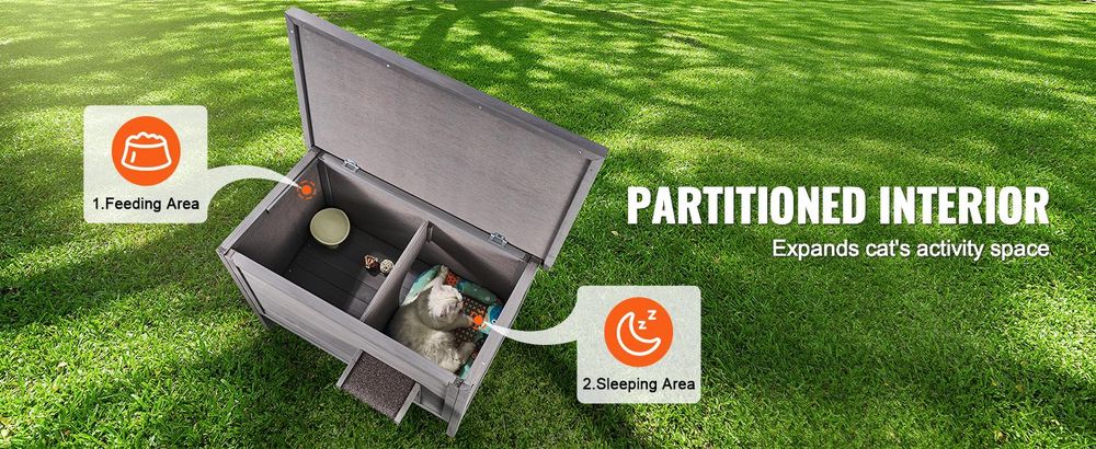 VEVOR Katzenhaus für draußen, wetterfest, Unterschlupf für Wildkatzen für mehrere Katzen, Katzen-/Kaninchenhaus aus Holz für draußen, rundum schaumisoliert, offenes Dach, Türklappen aus PVC, 86,4 cm L x 56,4 cm B x 68,6 cm H