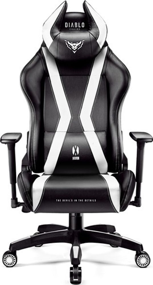 Diablo X-Horn Gaming Stuhl Bürostuhl Schreibtischstuhl 3D Armlehnen Ergonomisches Design Nacken/- Lendenkissen Kunstleder Wippfunktion, Farbe: Schwarz-Weiß, Größe King