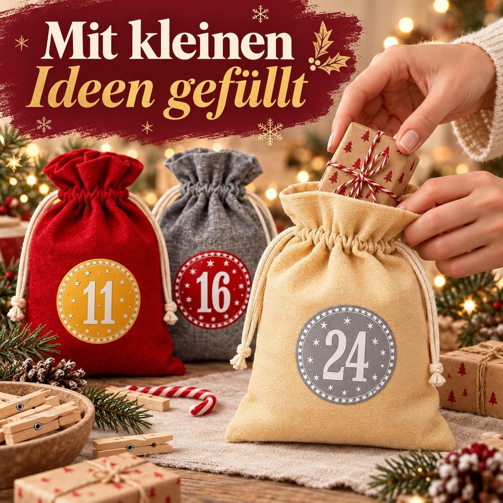 Hände befüllen ein beiges Säckchen mit einer kleinen verpackten Überraschung