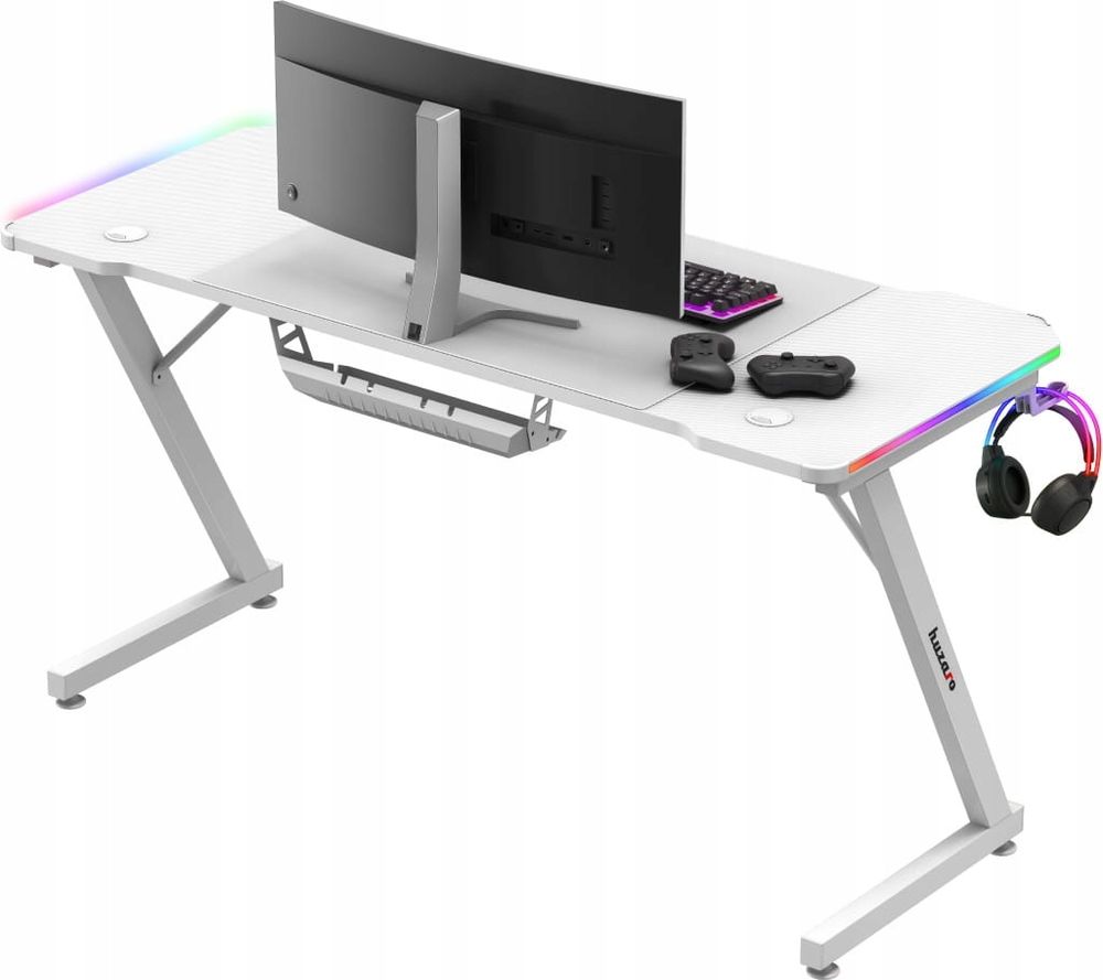 huzaro Hero 3.3 RGB | LED Gaming PC Tisch Schreibtisch | Inklusive Mauspad | Kopfhörerhaken Getränkehalter | Kabelorganisator | 140x60cm | Weiß