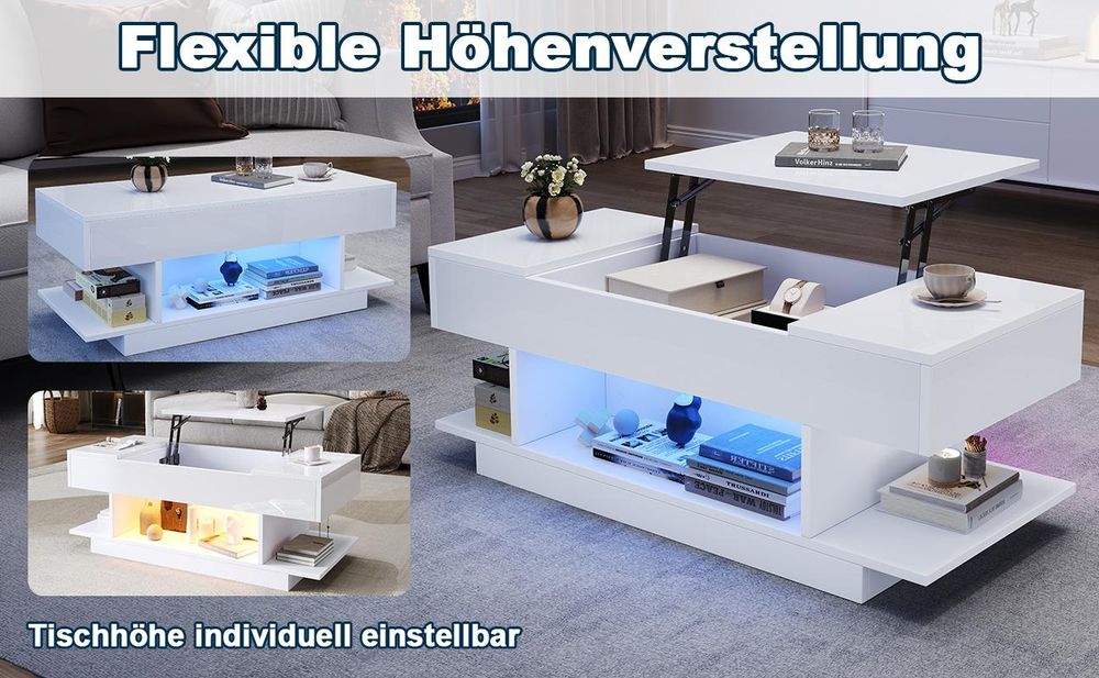 okwish Hochglanz-Couchtisch mit LED und Verstecktes Staufach,Sofatisch mit 2 Klappschränken,höhenverstellbarer Tischplatte,Weiß