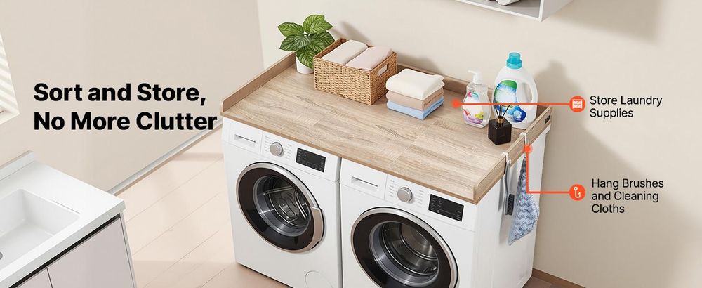 VEVOR Arbeitsplatte für Waschmaschine & Trockner (137 x 69,9 cm) mit Erhöhtem Rand & Haken, zur Organisation und Aufbewahrung im Wäscheschrank Speisekammer Küchentheke, 113 kg Belastbar, Eichenoptik