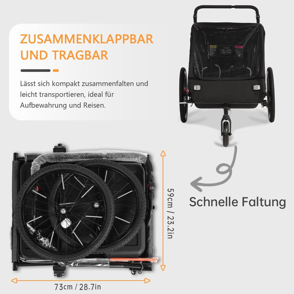 BT920 2‑in‑1 Kinder‑Fahrradanhänger, Aluminium‑Rahmen, 40 kg Tragfähigkeit, für 1‑2 Kinder, Maße: 75 × 28 × 71 cm，Schwarz