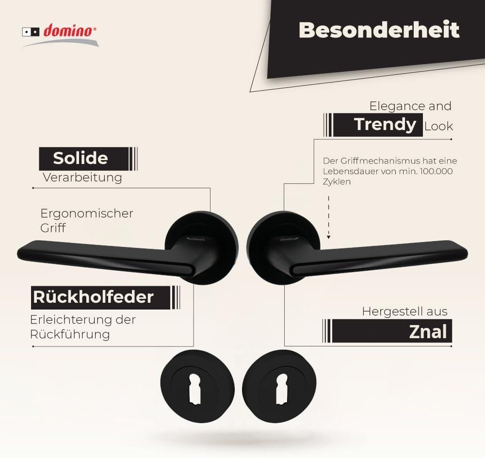 DOMINO Türgriff Drückergarnitur BB-Buntbart Set | Rund-Rosette | Türklinke für Bürotür, Kellertür & Innentür | Türbeschläge aus Znal | Schwarz Türdrückergarnitur | ONYKS-R SCHWARZ
