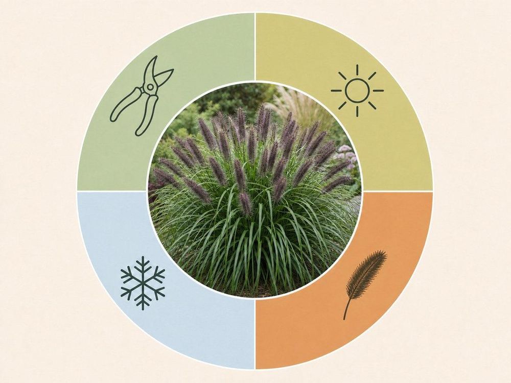 Vier-Jahreszeiten-Infografik mit Icons um ein zentrales Foto des Horstes in Vollblüte