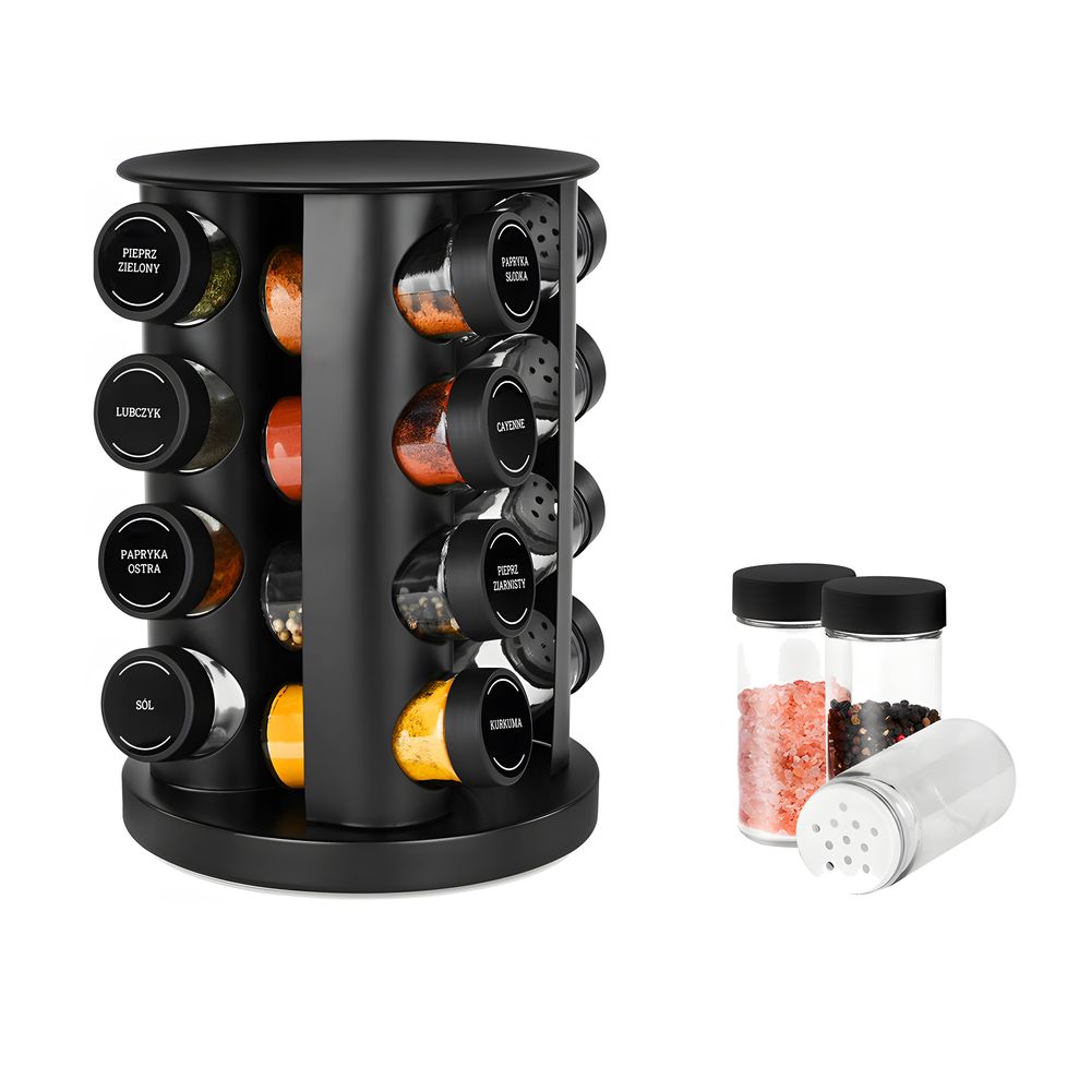 Gewürzkarussell 360° Drehbar mit 16 luftdichten Gewürzgläsern, Gewürzregal Organizer inkl. 96 Etiketten, Gewürzhalter Set für Küche aus Schwarz Retoo