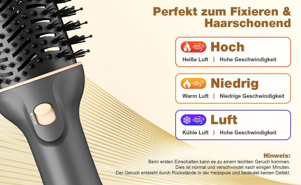 MCURO 3 in 1 Warmluftbürste Ionen, Haartrockner & Volumenbürste 1200 Watt, feuchtigkeitsspeichernde Keramikbeschichtung, 3 Heiz Gebläsestufen, Schwarzgold