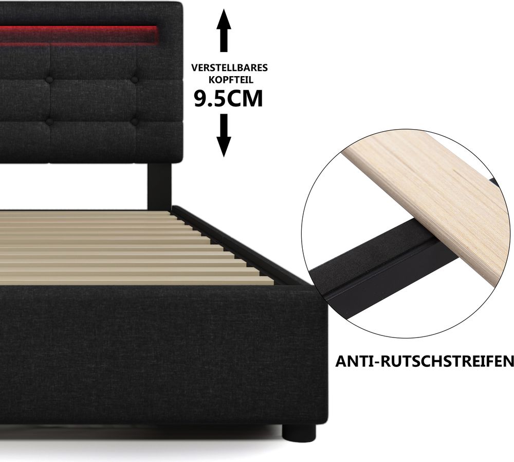 Flieks Polsterbett 90x200cm mit LED und höhenverstellbarem Kopfteil, Einzelbett mit Lattenrost und 2 Schubladen, Stauraumbett Leinen, Schwarz