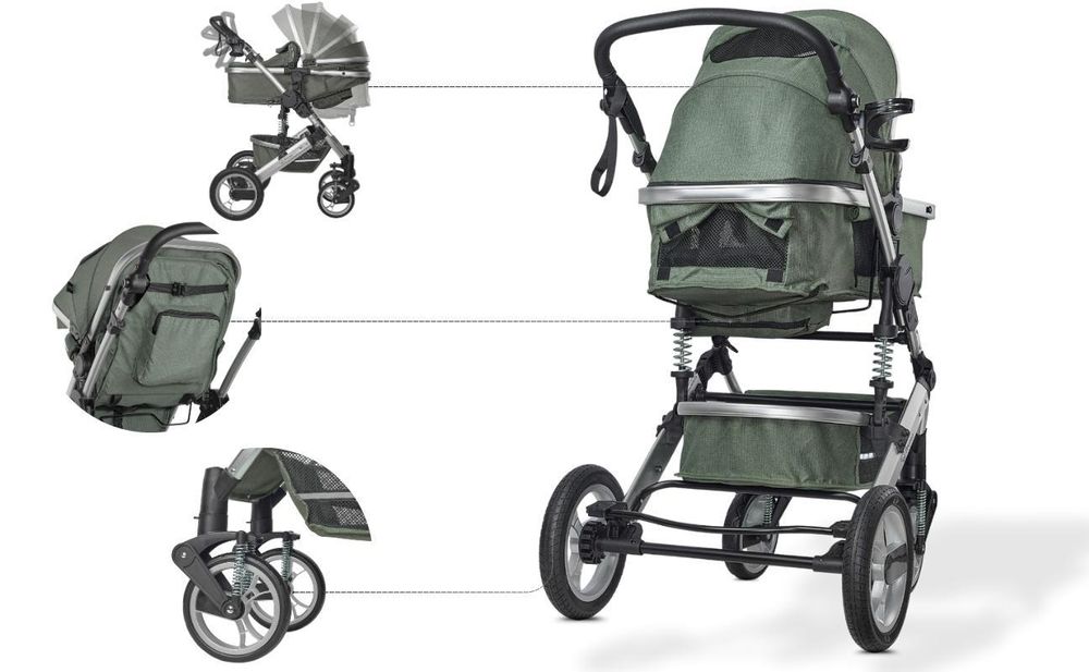 BRONEA® EXQUISE 2.0 Kombi-Kinderwagen 3-in-1 mit MATRATZE & AUTO-BABYSCHALE, Buggy, Wickeltasche, Regenhaube, Mücken- & Sonnenschutz - Grau/Schwarz