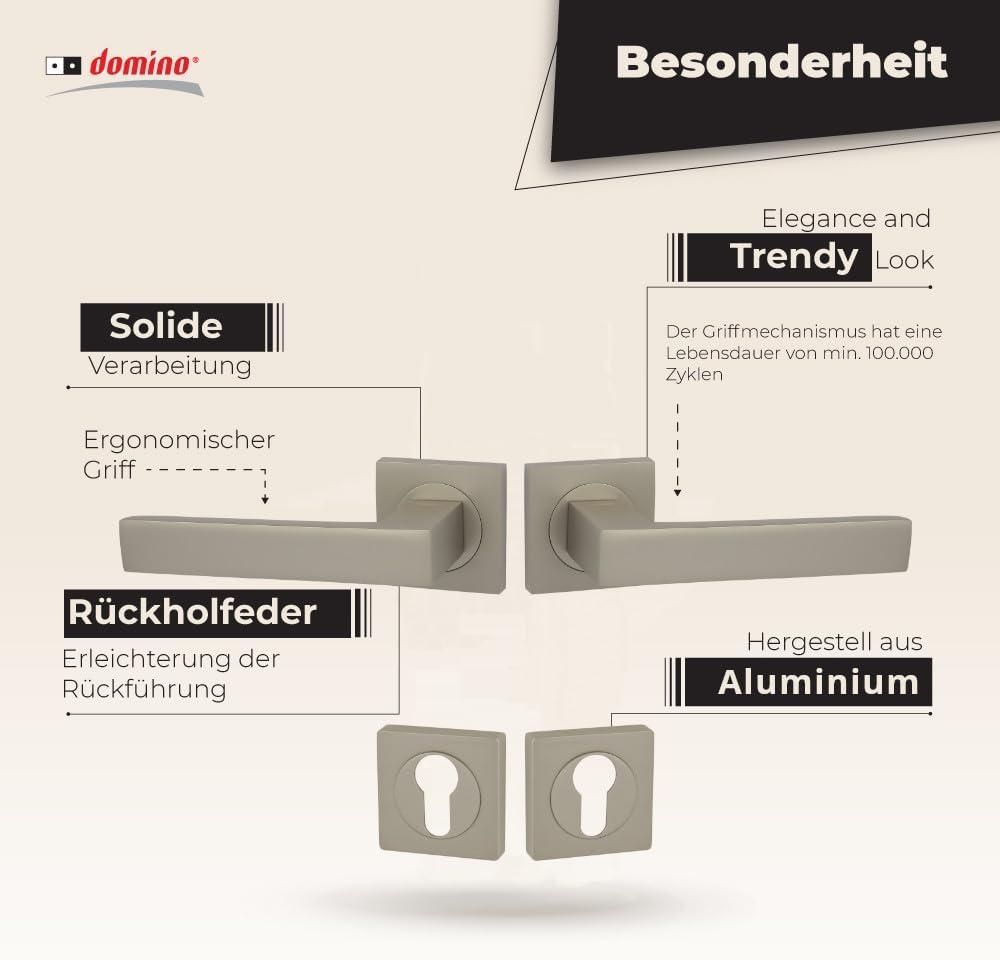 DOMINO Türgriff Drückergarnitur PZ - Profilzylinder Set | mit quadratischen PZ Rosetten| Türklinke für Zimmertür, Bürotür, Kellertür & Innentür| Türbeschläge aus Aluminium|  Satin Nickel Velvet Türdrückergarnitur| QUBIK-QR M91