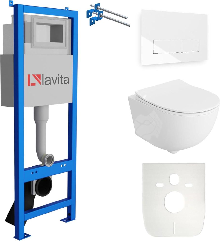 Lavita LAV 101 Vorwandelement für WC 40cm + Wand Hänge Tiefspül WC BRAVA Weiß Spülrandlos + Bedienplatte LAV 200.3.1 Weiß | Komplettset | Unterputz Spülkasten | Toilette Komplett Sett